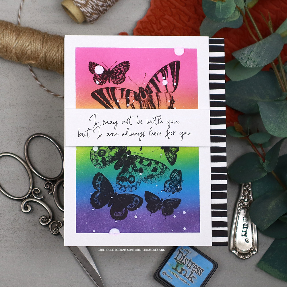 Try this combo of 4 distress ink colors for a rainbow blend. The images are from the A Good Man & Some Butterflies Unity Stamp Company stamp set. #unitystampco #cardmaking #distressinkblends #timholtz #handmadecards #cardmaker #cardmakingideas #cardideas #supportcards #simplecards #carddesign #craftersgonnacraft #papercrafts #dahlhousedesigns #cardtutorial