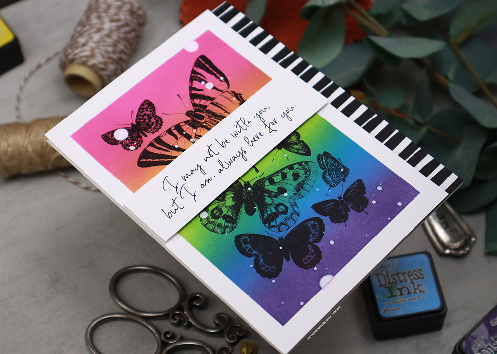 Try this combo of 4 distress ink colors for a rainbow blend. The images are from the A Good Man & Some Butterflies Unity Stamp Company stamp set. #unitystampco #cardmaking #distressinkblends #timholtz #handmadecards #cardmaker #cardmakingideas #cardideas #supportcards #simplecards #carddesign #craftersgonnacraft #papercrafts #dahlhousedesigns #cardtutorial